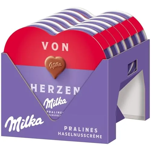 Milka I love Milka Pralinen – Herzförmige Alpenmilch-Schokolade mit feiner Haselnuss-Nougat-Crème-Füllung – 12 x 44g