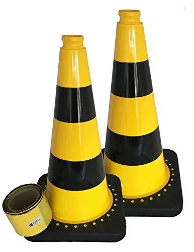 Absperrband gelb schwarz geblockt 80 mm breit 100m inkl. 2 Stück UvV-Flex Leitkegel (Pylonen) gelb schwarz als Absperrset