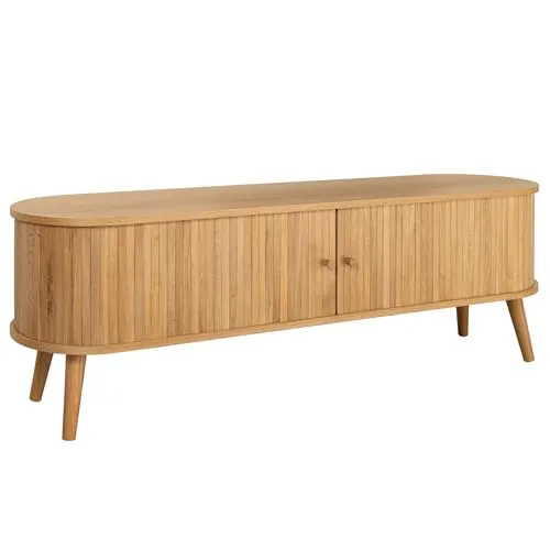 Riess Ambiente Retro TV-Board Valhalla Wood - 160cm - Eichenholz-Optik - Stilvolles TV-Lowboard im Retro-Design aus hochwertigem Eichenfurnier. Bietet viel Stauraum mit vier praktischen Schiebetüren und passt perfekt zu jedem Einrichtungsstil.