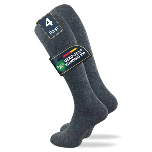 Damen & Herren Kniestrümpfe (4 Paar) lange Socken mit Komfortbund aus 80% Baumwolle | kein Verrutschen |ohne drückende Naht | extra weich und lange haltbar (43-46, grau)