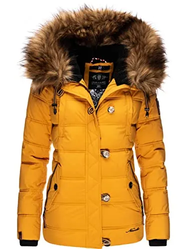 Navahoo Damen Winter Steppjacke Zoja Yellow Gr. XS - modisch mit abnehmbarem Kunstfell und taillierter Passform für kalte Tage