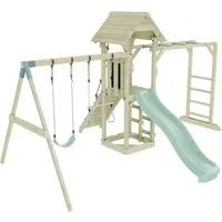 Rebo Klettergerüst aus Holz mit Wellenrutsche - Outdoor Spielturm mit Kinderschaukel, Trapezstange und Kletterseil für vielseitigen Spielspaß im eigenen Garten