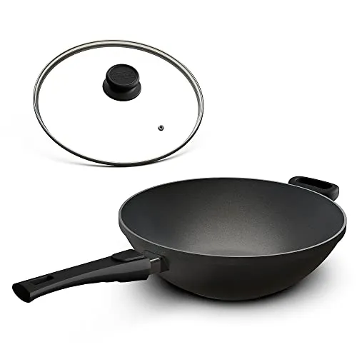 Hoffmann Wokpfanne groß 32 cm für Induktion – Made in Germany - Vielseitige Wokpfanne für alle Herdarten mit 100% verzugsfreiem Boden. Ideal zum Braten, Dünsten und Rösten. Genießen Sie schnelle Reinigung dank Antihaftversiegelung. Backofengeeignet bis 280°C.