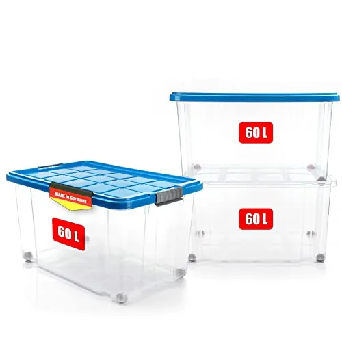 BigDean 3er Set 60 L Aufbewahrungsboxen mit Deckel - Stapelbare und rollbare Boxen, BPA-frei - Aufbewahrungsbehälter mit Deckel, ideal für Haushalt und Garten. Robuste, rollbare Boxen mit festem Verschluss, perfekt für platzsparende Ordnung und transparente Sichtbarkeit.