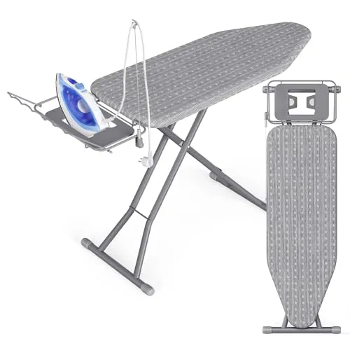 SONGMICS Bügelbrett, 122 x 38 cm Bügelfläche, höhenverstellbar, klappbar | Bügeltisch, mit Kabelhalter, Bügeleisenablage, Haken, Taubengrau, BORIX Kollektion LLB004G101