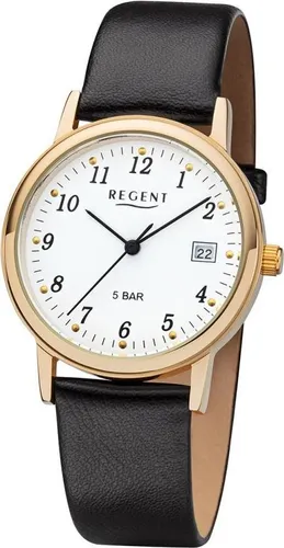 Regent F-790 - Herren Chronograph Armbanduhr in Schwarz/Weiß - Elegante Herrenuhr mit Quarzwerk und Datumsanzeige, 5 ATM wasserdicht, Gehäuse aus goldplattiertem Edelstahl, ideal für stilbewusste Männer.