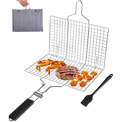 Grillkorb – Edelstahl-Grillkorb, faltbarer Grillkorb mit abnehmbarem Griff, tragbares Grillgitter für Fischsteak, Gemüse, Garnelen, inklusive Backpinsel und Aufbewahrungstasche (32 x 22 cm)