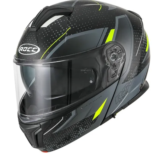 Rocc 810 Dekor Klapphelm - Matt Schwarz/Grau/Neon Gelb - S - Motorradhelm mit atmungsaktivem Innenfutter, justierbarer Belüftung und schnellem Visierwechsel - ideal für komfortable Fahrten.