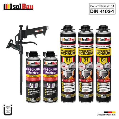 Brandschutzschaum B1 3x 750ml mit Reiniger und Montageschaum - Hochwertiger Brandschutzschaum B1 für effektive Abdichtung und Isolierung. Ideal für Innen- und Außenbereiche, mit geprüfter Qualität und hoher Temperaturbeständigkeit. Hohe Ausbeute bis 45 Liter.