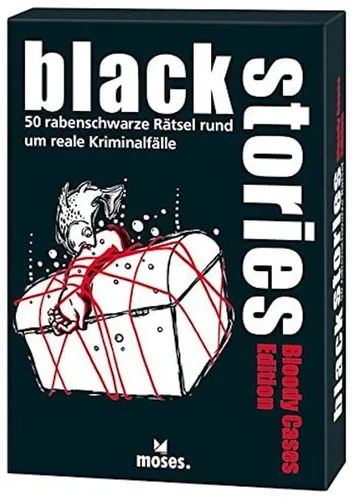 Black Stories - Bloody Cases Edition Detektive Rätsel - Kartenspiel mit 50 rabenschwarzen Rätseln zu realen Kriminalfällen, ideal für spannende Abende mit Freunden und ab 12 Jahren geeignet.
