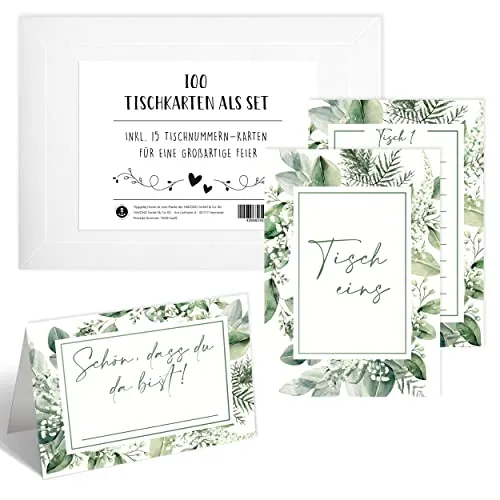 Hyggelig Home 100 Tischkarten Hochzeit Platzkarten Geburtstag - Schön dass du da bist Namensschilder zum selbst beschriften DIN A7 - inklusive 15 Tischnummer Karten - Eukalyptus