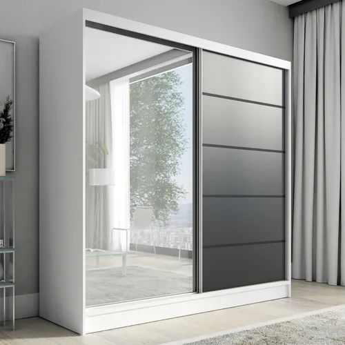 Schwebetürenschrank NERO 2, 2-türig mit Spiegel, 200 cm - Schwebetürenschrank in modernem Design mit hochwertigem Aluminium-Schiebetürsystem. Ideal für platzsparende Aufbewahrung und stilvolle Raumgestaltung.