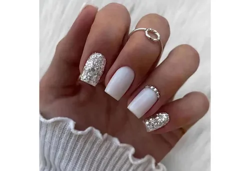 LuxusKollektion Kunstfingernägel 24 Stück Eckige Weiße Künstliche Nägel Kurz Glitzer French Tip Falsche
