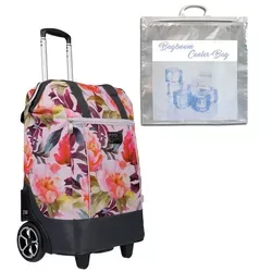 Einkaufstrolley Shopper große Räder Punta Big Wheel Einkaufsroller Shopping Tasche Trolley Trolly 10303-9800 Romantic Flower Bunt + Thermo Tasche - Rosa/Hellgrau/Rot