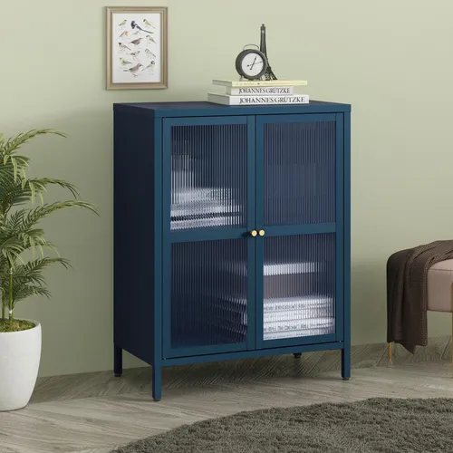 [en.casa] Kommode Säkylä Sideboard mit Glastüren in blau von en.casa