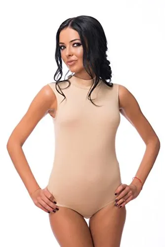 Evoni Damen Body mit Halbkragen ohne Ärmel Baumwolle beige L