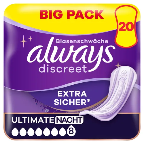 Always Discreet Inkontinenz Ultimate Nacht Big Pack 20 Höschen - INKONTINENZ - Höchste Saugfähigkeit für sorgenfreie Nächte mit 20 extra sicheren Höschen von Always Discreet.