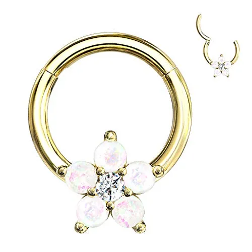 Segment Clicker Scharnier Ring Piercing Blume mit Glitzer Opal Stein Septum Tragus Helix Nase Lippe Nasenring Nasenpiercing Ohr Knorpel Gold