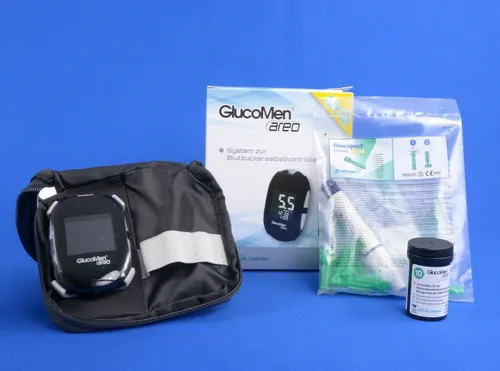 GlucoMen Areo Blutzucker-Messgerät Set mmol/L mit Teststreifen, Lanzetten, Etui