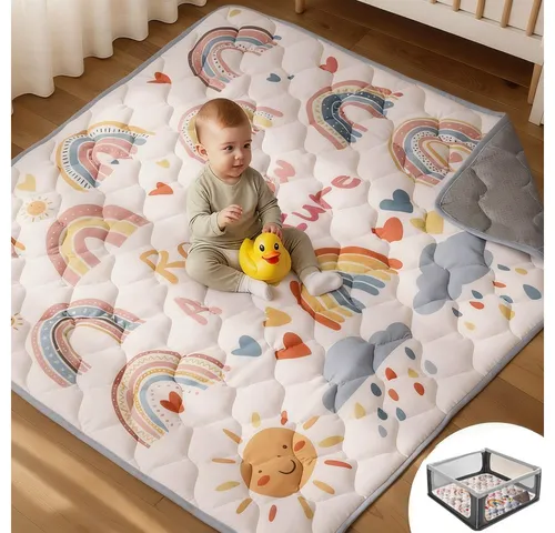Comomy Baby-Spielmatte - Weiche, faltbare Krabbelmatte, 127 x 127 cm, Regenbogen - Babywippe mit extra dicker Polsterung für maximalen Komfort. Rutschfeste Unterseite sorgt für sicheres Spielen auf jedem Boden.