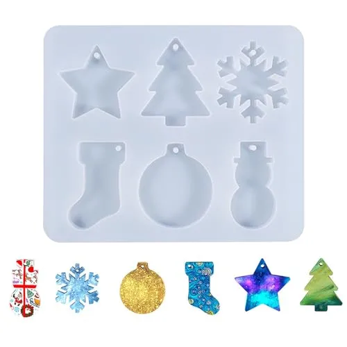 JTMKYO 1 Stück Weihnachtsanhänger Form, Weihnachts Silikonform, DIY Handgefertigter Anhänger, Weihnachtsbaum-Schneeflocken Stern Dekorationsform, Harzform, Wiederverwendbar (6 Formen)