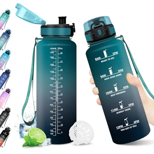 Trinkflasche 1.5L, Auslaufsicher, BPA-frei, Sport Wasserflasche, Trinkflasche mit Filter und Zeitmarkierung, Ideal für Gym, Yoga, Camping, Fahrrad, Schule, Büro, Erwachsene, Kohlensäure geeignet