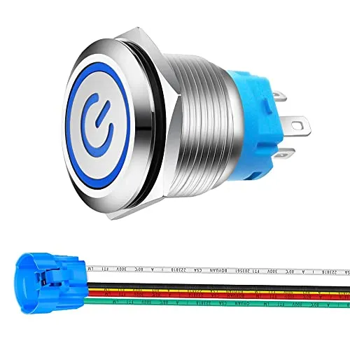 Gebildet 22mm Edelstahl Latching Drucktastenschalter 12V-24V 5A Power Symbol LED 1NO1NC SPDT ON Off Wasserdichter Kippschalter mit Steckdose Stecker (Blau LED)