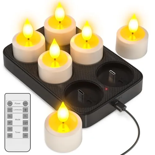 Yme 6er Aufladbare Teelichter mit Timer und Ladestation, LED Teelichter Wiederaufladbar Dimmbar Kerzen Flackernd mit Fernbedienung Timer für Zimmer Wohnzimmer Halloween Weihnachten Tisch Party Deko