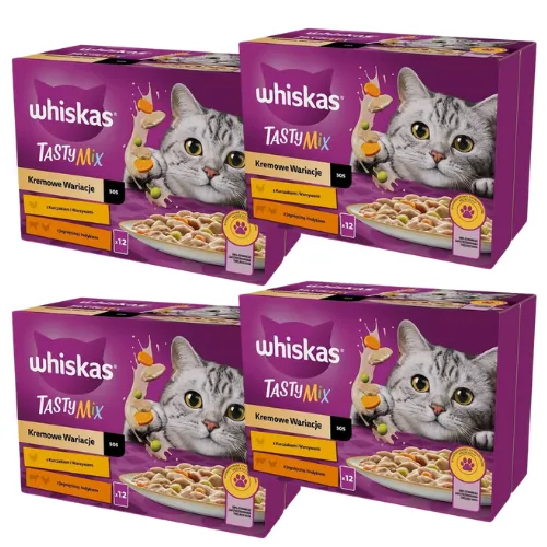 WHISKAS Adult 1+ Tasty Mix Cremige Variationen - Beutelfutter für Katzen: 4 x 12 x 85 g Beutel mit Huhn, Lamm und Pute in Sauce, fördert ein gesundes Harnsystem und sorgt für glänzendes Fell, frei von künstlichen Zusatzstoffen.