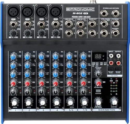 Pronomic M-802FX Mischpult - 8-Kanal Mischpult mit digitalem 24bit Multieffektprozessor, ideal für Live- und Studioanwendungen, bietet 4 Mono-Kanäle und 2 Stereo-Kanäle für flexibles Mixing.