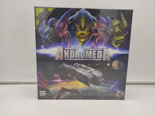 Andromeda (Spiel), deutsche Ausgabe - Gesellschaftsspiel für 2-5 Spieler ab 12 Jahren, mit neuartigem Würfelmechanismus zur strategischen Aktionsverteilung und spannender Erkundung eines verlassenen Raumschiffs.