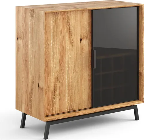 Kommode Modern Loft mit Weinregal 101x45x101cm aus geöltem Massivholz - Moderne Kommode im Loft-Stil mit integriertem Weinregal für bis zu 16 Flaschen. Hochwertiges Eichenholz, einzigartige Maserung, Soft-Close Funktion und schicke Schiebetüren mit Glaseinsatz.