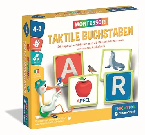 Clementoni® Spiel Education: Taktile Buchstaben für Kinder - Entwickelt nach der Montessori-Methode, fördert dieses Lernspiel die taktilen Fähigkeiten und das Alphabetverständnis der Kinder. Enthält Karten mit haptischen Buchstaben und Bildkärtchen für spielerisches Lernen.