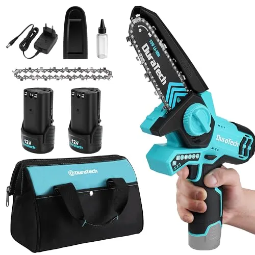 DURATECH Akku-Kettensäge 12V, Mini-Astschere, 12,5 cm Schnittlänge, schneller Kettenwechsel, 2x 2,0 Ah Lithium-Ionen-Batterien, ideal für Gartenarbeiten, Astscheren und Holzschnitt