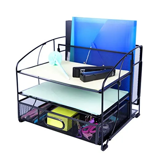 EXERZ Tisch-Organizer Aus Metalldraht Bürobedarf 3 Tabletts/Desktop-Aktenhalter Mit Schiebeschublade Und Hängendem Aktenhalter/Vertikaler Aufrechter Abschnitt-Papiersortierer (Schwarz Neu)