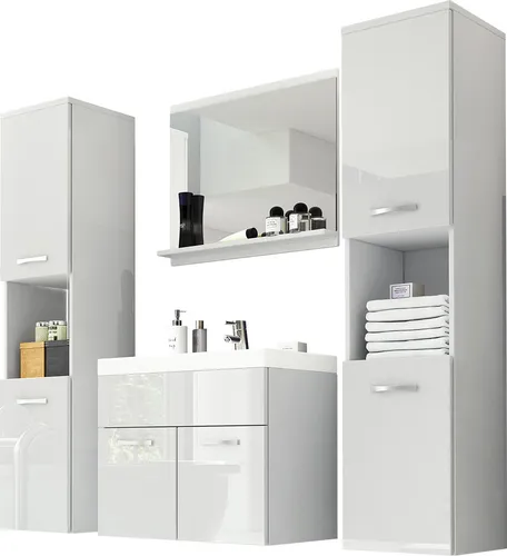 MIRJAN24 Badmöbel-Set Montreal XL, Weiß Hochglanz - Badezimmer Set mit Spiegel und Waschbecken, modernes Design und praktische Stauraumlösungen für Ihr Badezimmer.