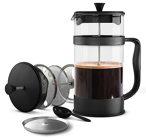 KICHLY Französische Presse Kaffeemaschine, Espresso- und Teebereiter mit Dreifachfiltern, hitzebeständiges Borosilikatglas mit Stahlkolben (600 ml, Schwarz)