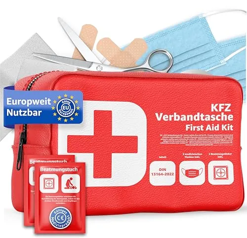 Verbandstasche KFZ Norm 2026 mit Beatmungstüchern - Verbandskasten Auto, erfüllt die Norm DIN 13164:2022, inklusive Beatmungstücher für effektive Erste Hilfe – ein unverzichtbares Sicherheitsset für jedes Fahrzeug.