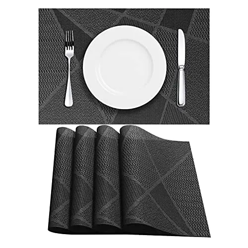 LAPONO Platzsets Abwaschbar, Tischsets Abwaschbar 6er Set Waschbares Tischset Rechteckige Hitzebeständig Platzdeckchen Grau Platzset aus PVC (Schwarz, 4 Stück)
