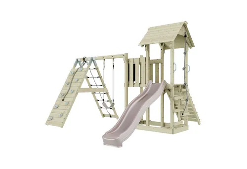 OutdoorToys Spielturm - Schaukelspielturm in Altrosa, aus stabilem Holz, ideal für Kinder ab 3 Jahren, fördert Spiel und Bewegung im eigenen Garten.