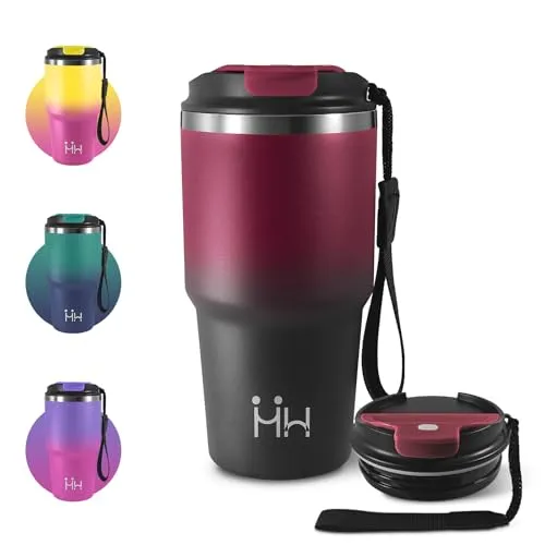 Kaffeebecher 600ml, Auslaufsicher Thermobecher mit Deckel, BPA-Frei, Kohlensäure Geeignet, Einhandöffnung, Doppelwandig Travel Mug, Vakuum Isolierbecher für Sprudel, Camping, Yoga, Frauen, Gym