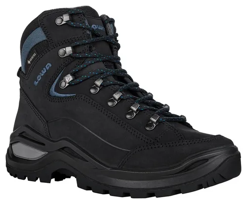 LOWA Renegade EVO GTX MID Ws - Wasserdichte Wanderschuhe in Schwarz/Blau - Wanderschuhe mit strapazierfähigem Nubukleder, GORE-TEX für Wasserdichtigkeit und LOWA MONOWRAP für optimale Stabilität. Ideal für anspruchsvolle Wanderungen.