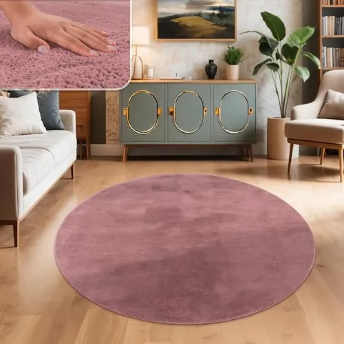 Paco Home Teppich Wohnzimmer Kunstfell weich waschbar modern elegant pflegeleicht Felloptik Uni Seidenglanz flauschig Kurzflor, Grösse:80 cm Rund, Farbe:Lila Rosa