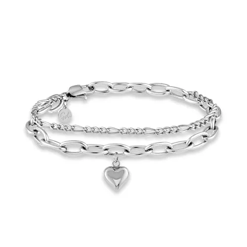 GD GOOD.designs Damen Armband Herz aus Silber – Verstellbares Charms Armband mit Figaro- und Panzerkette - Elegantes, mehrreihiges Armband aus 316L Edelstahl, verstellbar von 14,5–19,5 cm. Ideal für den täglichen Gebrauch und als Geschenk in einer edlen Schmuckbox.