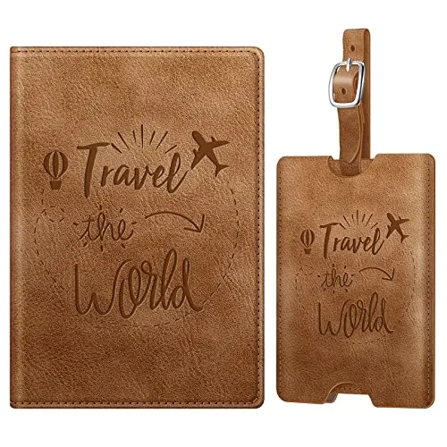 Fintie Reisepasshülle und Gepäckanhänger Set, Reisepass Impfpass Hülle mit RFID Blockier, Kofferanhänger mit Adressschild Namenschild für Reisetasche Koffer, Vintage Dunkelbraun