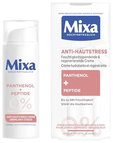 Mixa Anti-Hautstress Gesichtscreme – Feuchtigkeitsspendende & regenerierende Creme – 50ml - Intensive Feuchtigkeitsversorgung für gestresste Haut bis zu 48 Stunden. Die leichte Textur zieht schnell ein und stärkt die Hautbarriere. Ideal für empfindliche Haut, ohne Duftstoffe und Alkohol.