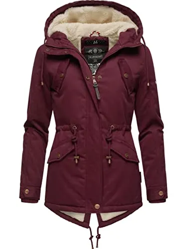 MARIKOO Damen Winterjacke Manolya Wine, Gr. M - Funktionsjacke mit kuscheligem Teddyfell-Futter und modischen kupferfarbenen Details, ideal für kalte Tage und vielseitig kombinierbar.
