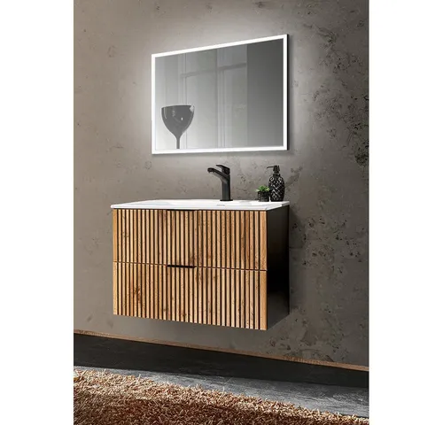 Lomadox Badmöbel-Set XANTEN-56, (Spar-Set, 2-St), anthrazit, Wotan Eiche Nb Rillenfront, Waschtisch, LED Spiegel