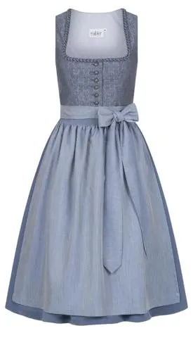 Nübler Dirndl midi Damen - 2 teilig inkl. Kleid und Dirndl Schürze im Landhausstil, Rocklänge 70cm - Moderne bayrische Tracht, ELSA Rauchblau, Größe:50