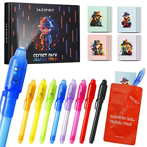 DazSpirit 8 Stück Geheimstift und Notizbuch-Set – Detektiv-Thema Geschenktüten, Zauberstifte mit UV-Licht Partytütenfüller für Jungen und Mädchen, Unsichtbarer Stift Spy Pen zum Mitgebsel Kinder